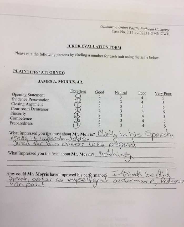 juror evaluation form gibbons vs union pacific railroad company