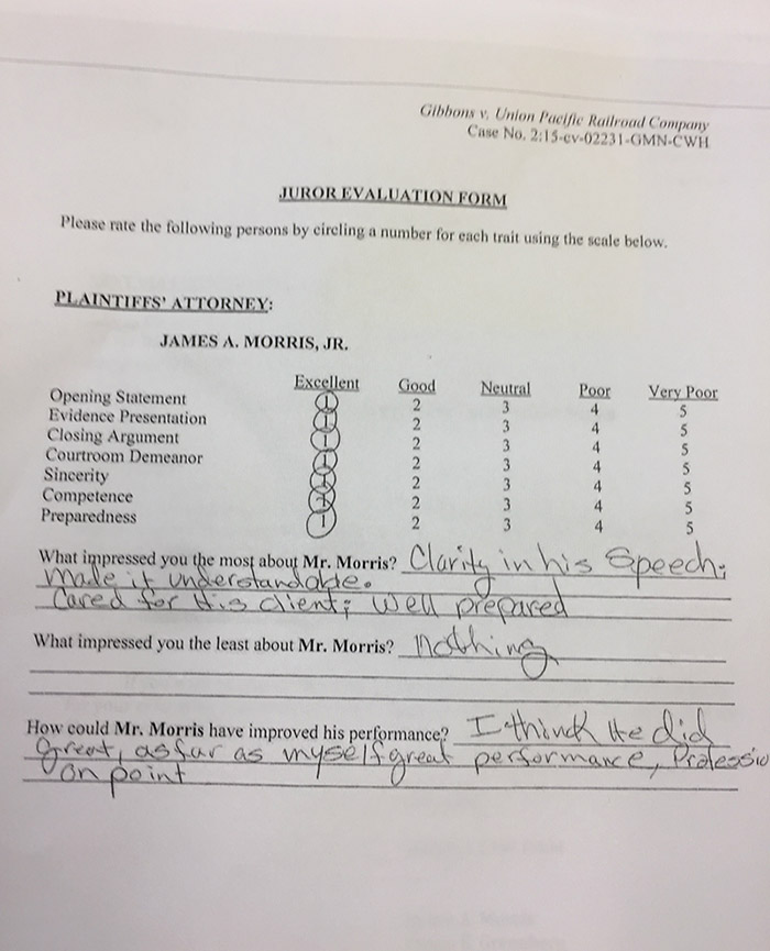 juror evaluation form gibbons vs union pacific railroad company