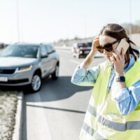 Woman calling during the road accident on the highway Woman calling during the road accident on the highway