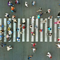 Pedestrian crossing top view. Crosswalk aerial from drone. Pedestrian crossing top view. Crosswalk aerial from drone.