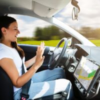 Woman Sitting In Self Driving Modern Car Woman Sitting In Self Driving Modern Car